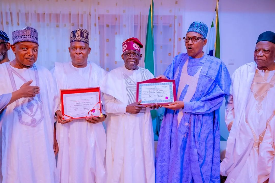 Tinubu, Shettima present their Certificates of Return to President Buhari (photos)