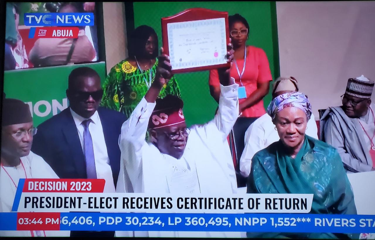 Bola Tinubu receives his Certificate of Return as President-elect (photos/video)