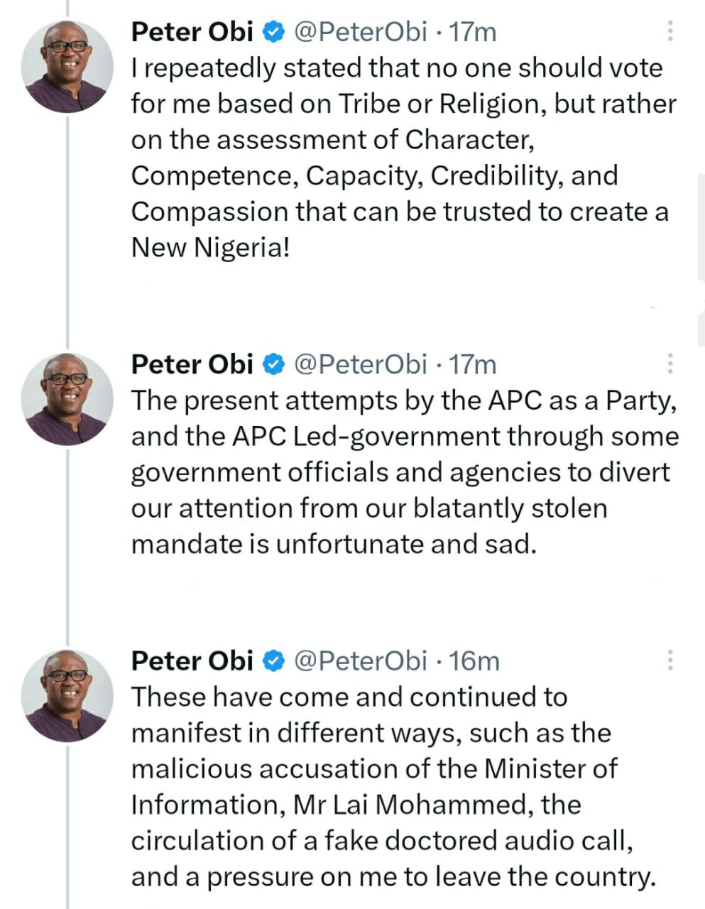 The audio call being circulated is fake, and at no time throughout the campaign and now did I imply that the 2023 election is or was a religious war - Peter Obi