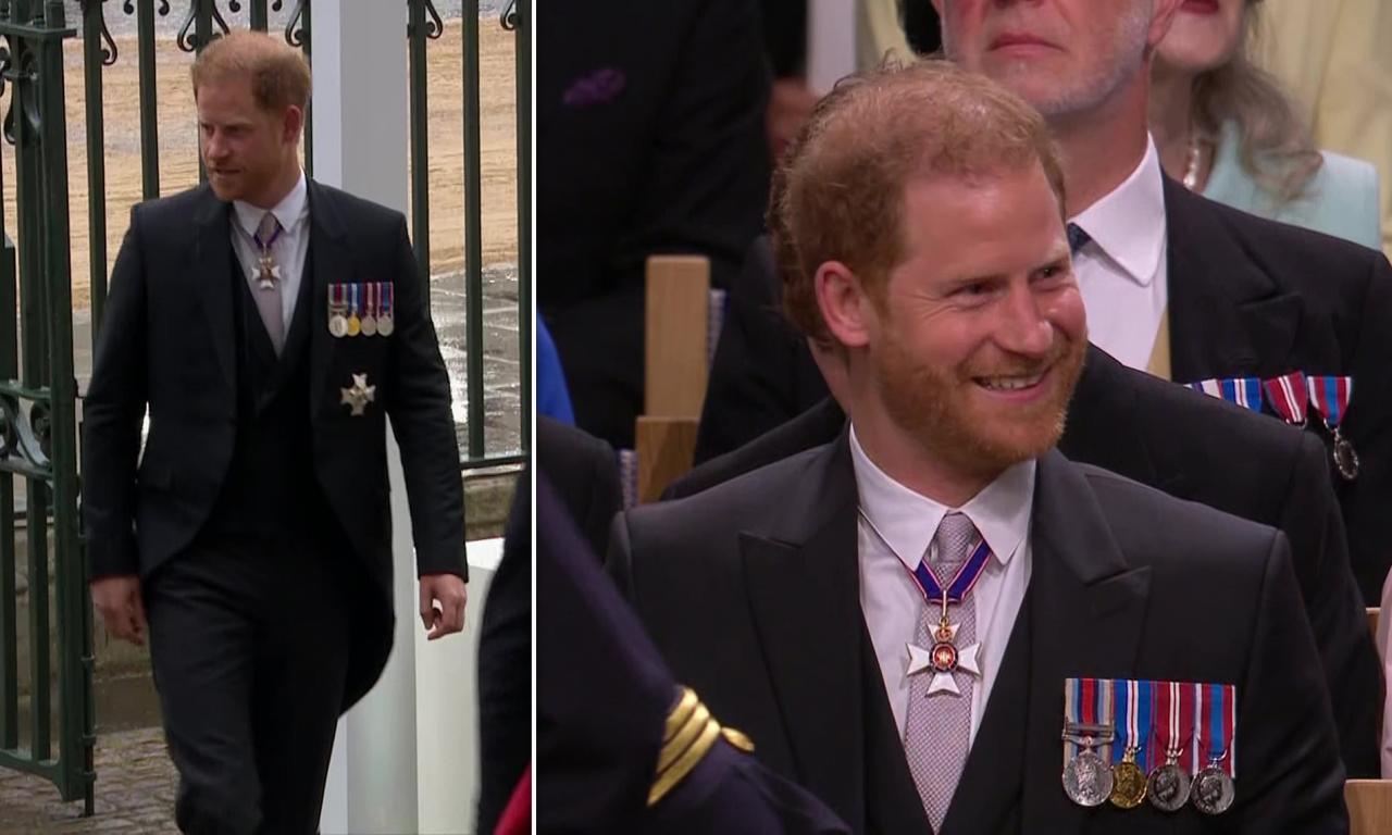 Prince Harry all smiles as he sits in third row at Coronation after walking alone down the aisle at Westminster�Abbey (Photos)