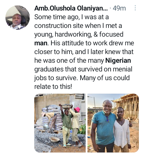 Man shares photos of an unemployed Nigerian graduate doing menial job on a construction site
