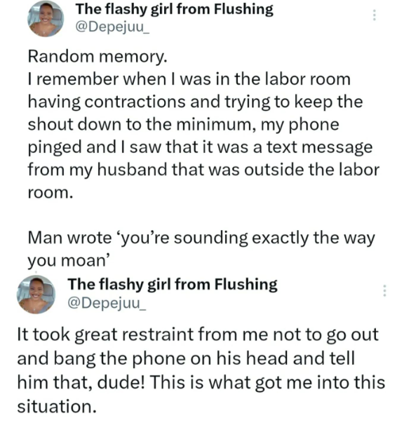 You?re sounding exactly the way you moan - Nigerian woman reveals the hilarious message her husband sent her while she was having contractions and shouting in the labour room
