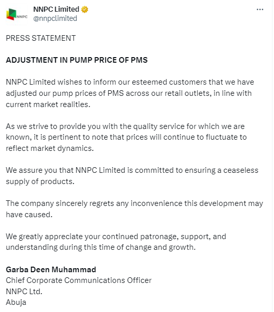 NNPC releases statement announcing increase in petrol pump price across its outlets
