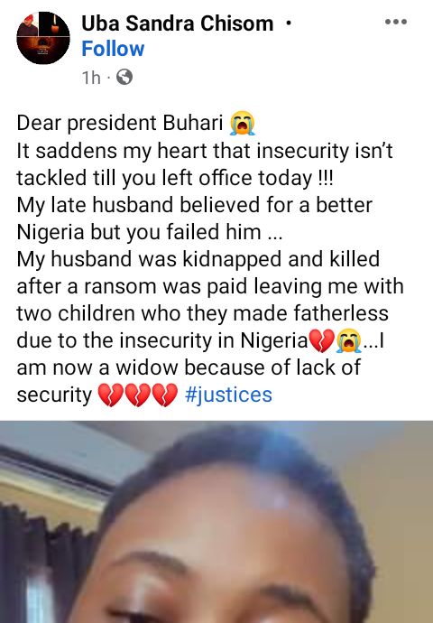 "Your tenure made me a widow" - Woman whose husband was killed by kidnappers despite ransom payment, calls out Buhari (video)