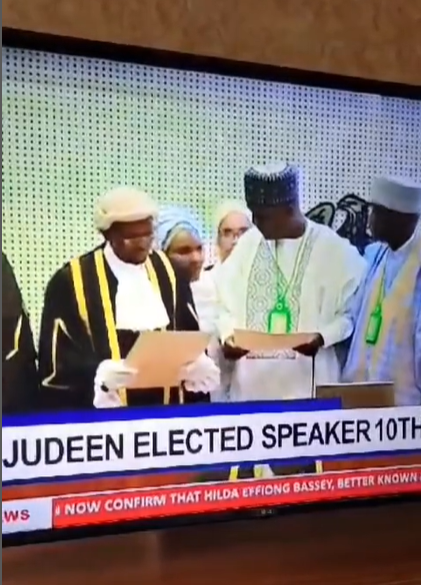 Moment first wife of new speaker of the House of Representatives, Tajudeen Abbas walked up to the podium to displace the second wife while he was being sworn-in (video)