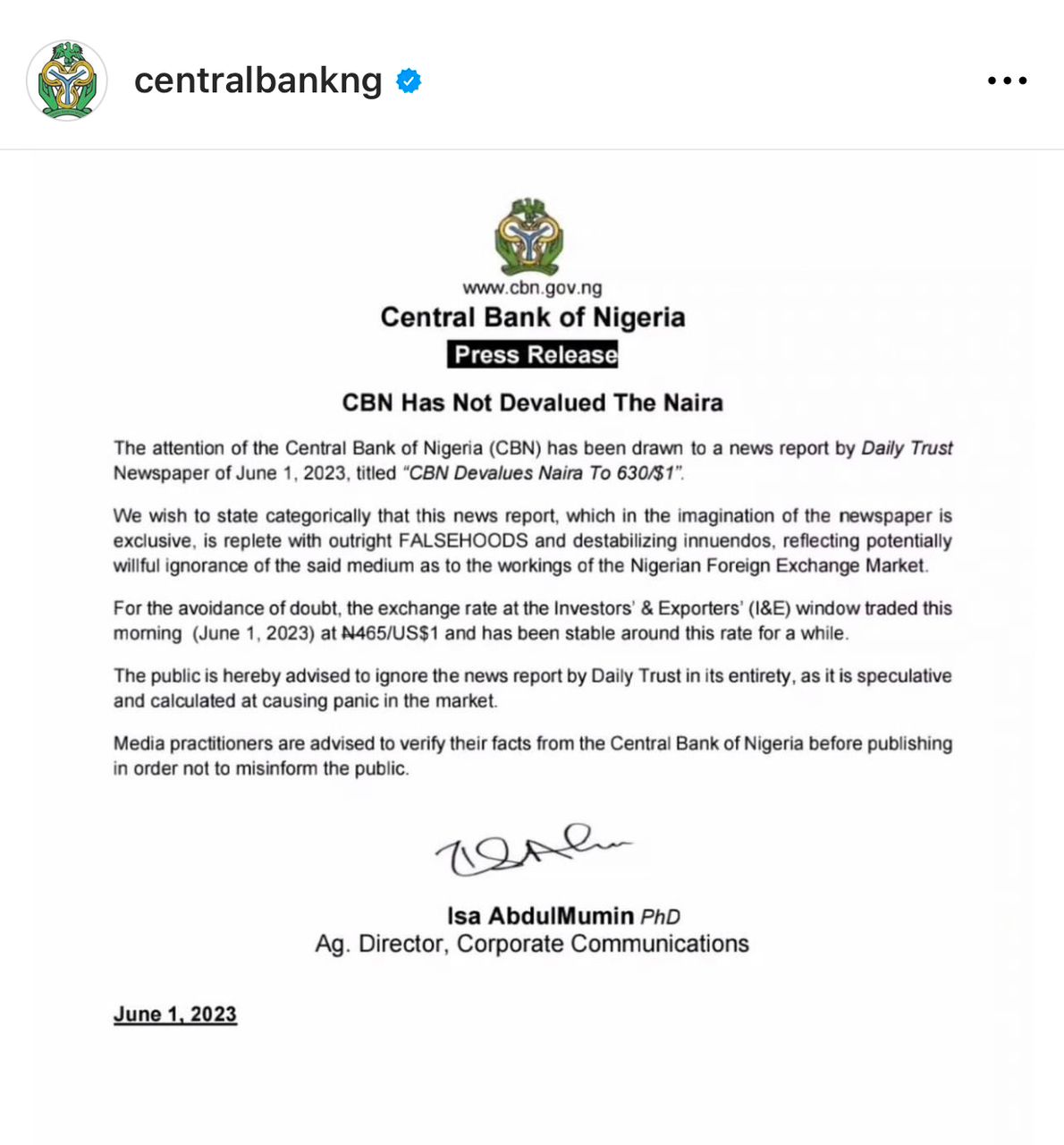 CBN denies reports of devaluation of the Naira