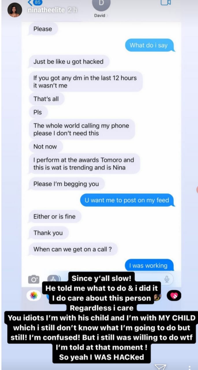 US-based entrepreneur, Anita Brown, who is claiming she is expecting a child with Davido shares a purported DM the singer sent to her saying they had r@w s3x