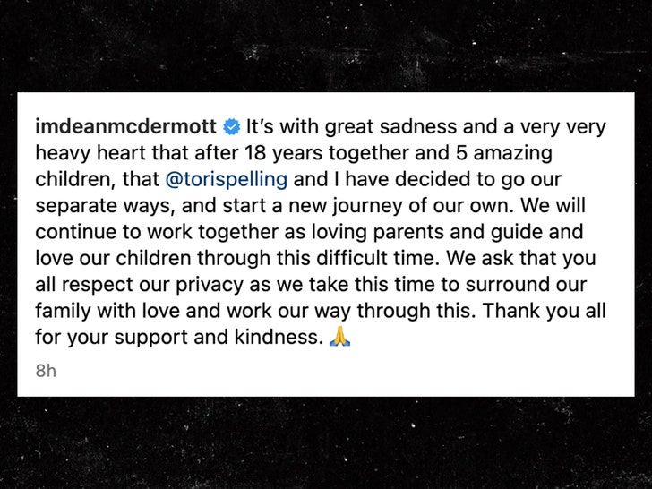 Actress Tori Spelling and actor Dean McDermott split