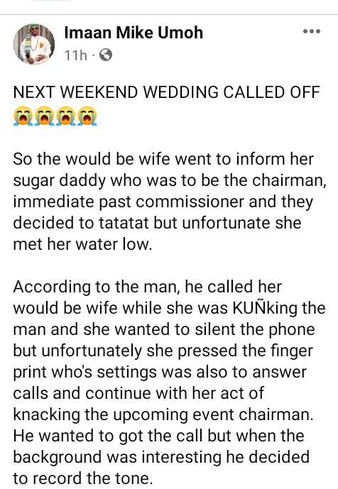 Nigerian man calls off his wedding after he overheard bride-to-be having s*x with her sugar daddy