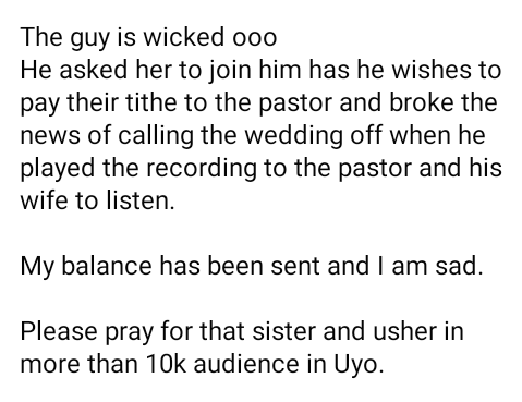 Nigerian man calls off his wedding after he overheard bride-to-be having s*x with her sugar daddy