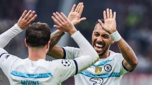 Pierre-Emerick Aubameyang celebrates with Mason Mount after scoring for Chelsea against AC Milan in the Champions League