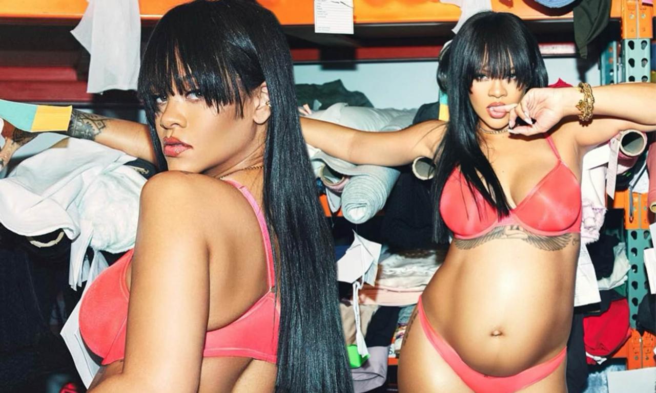 Pregnant Rihanna puts her burgeoning baby bump on display as she poses in bra and skimpy thong (Photos)