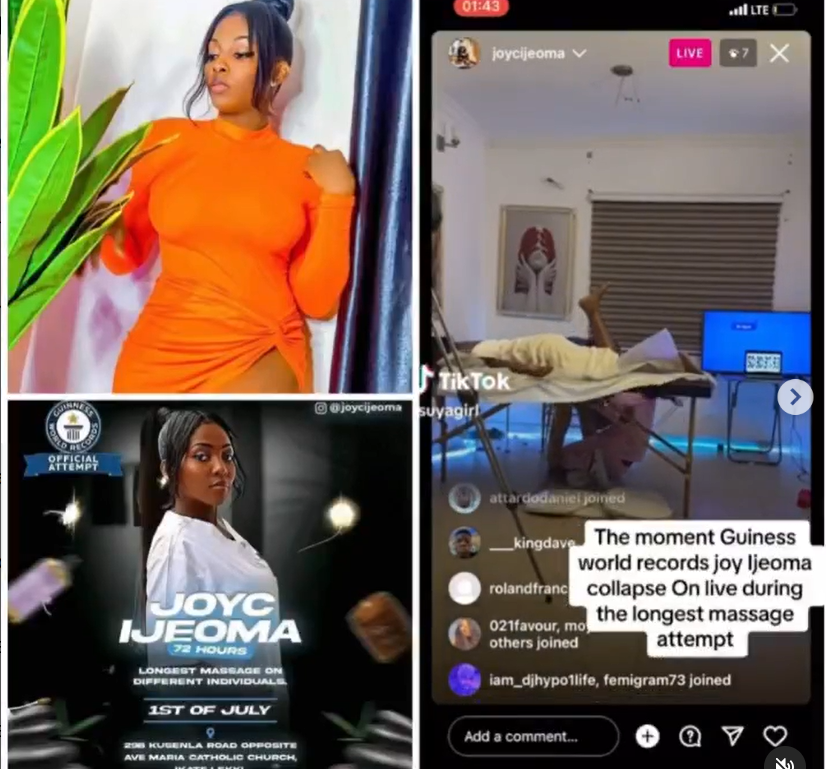 Nigerian lady attempting to set a Guinness World Record for longest massage collapses (video)