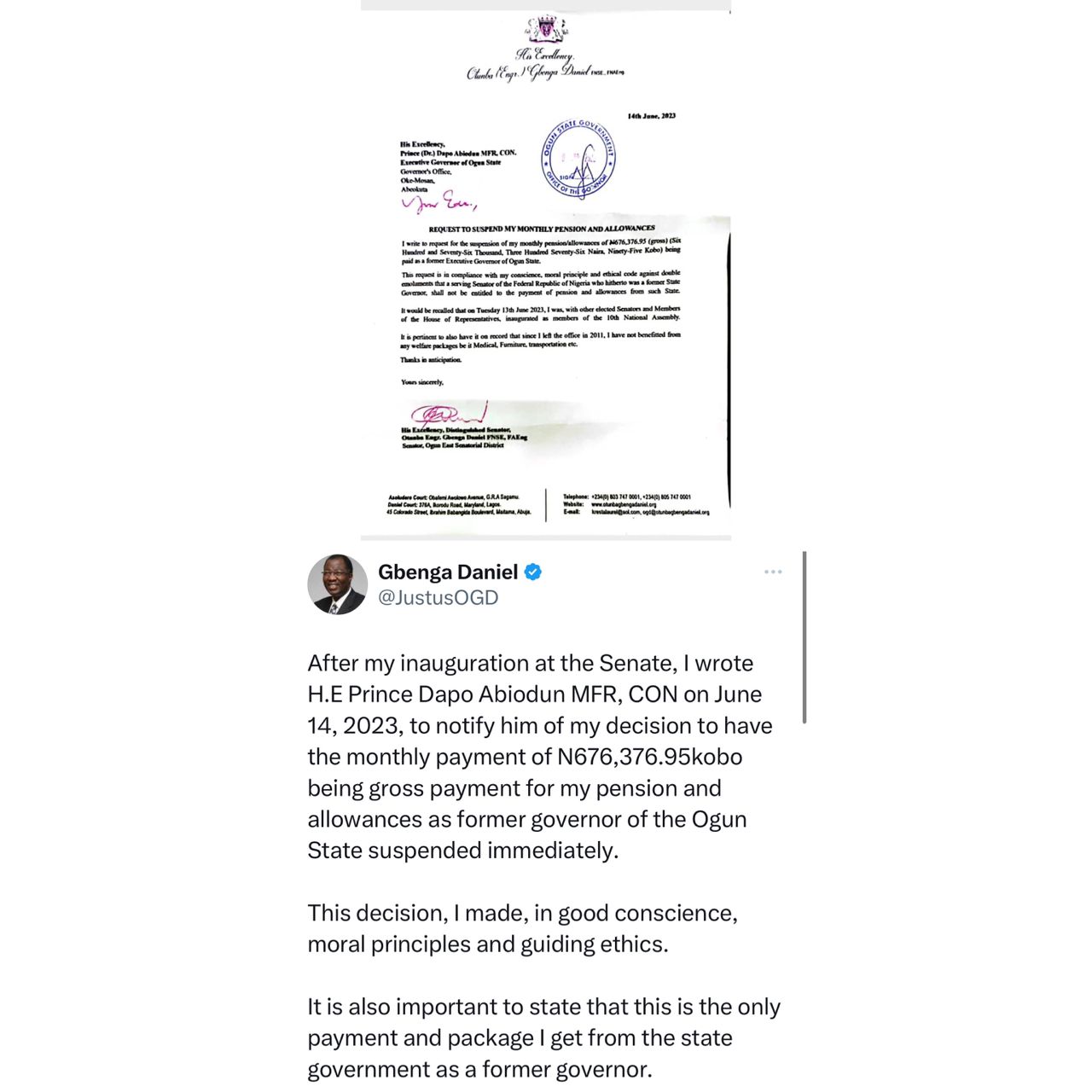 Ex-Ogun gov, Gbenga Daniel, writes state government, demands the suspension of his monthly pension of N676k