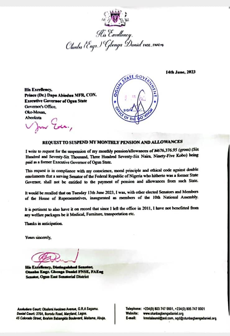 Ex-Ogun gov, Gbenga Daniel, writes state government, demands the suspension of his monthly pension of N676k