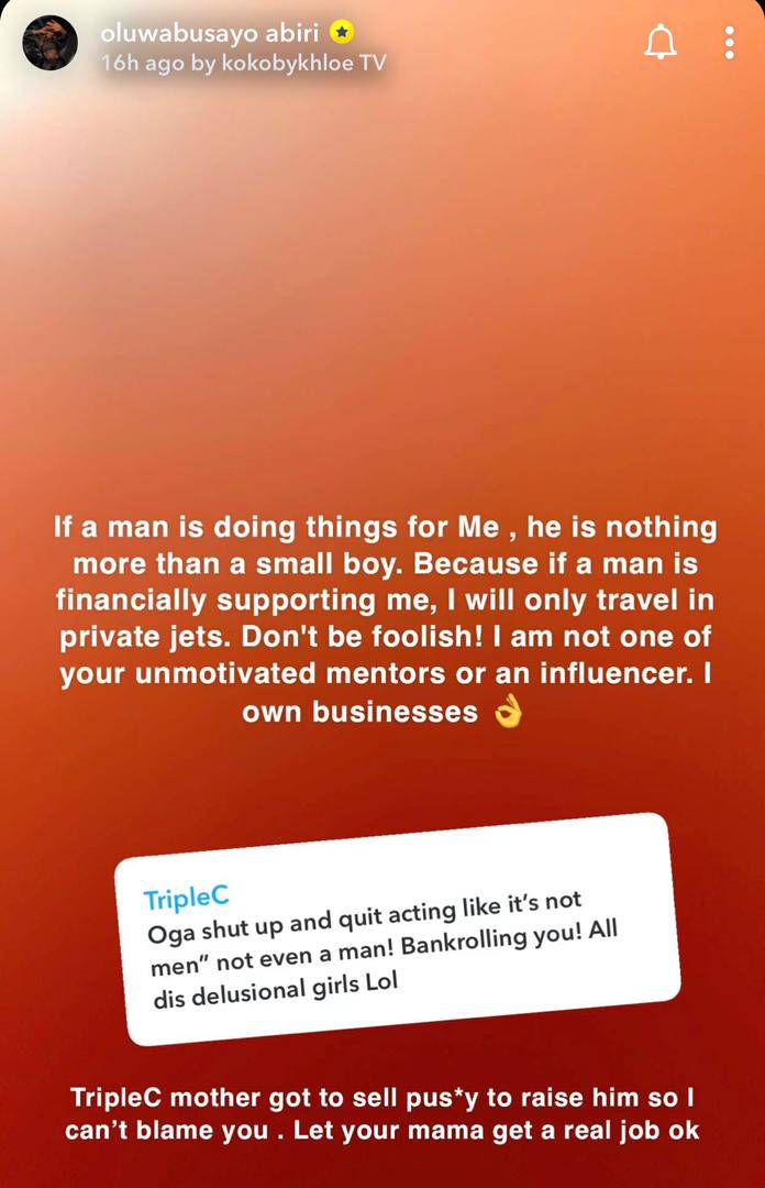 BBNaija star, Khloe, fires back at man who said her lifestyle is being bankrolled by men
