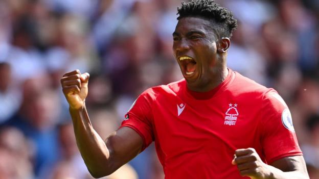 Taiwo Awoniyi celebrates scoring for Nottingham Forest against West Ham
