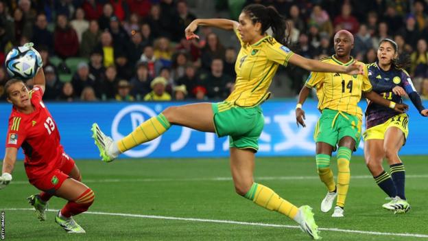 Catalina Usme (far right) scores Colombia's fifth goal at the 2023 Women's World Cup