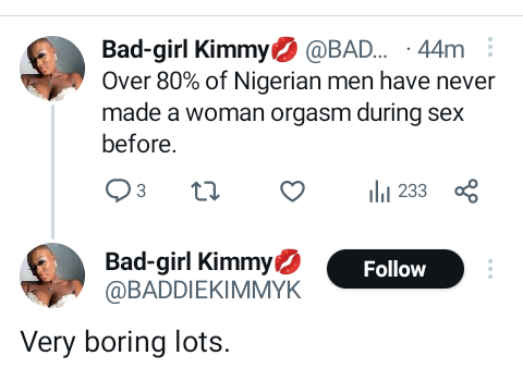 Over 80% of Nigerian men have never made a woman orgasm during s*x - Lady says