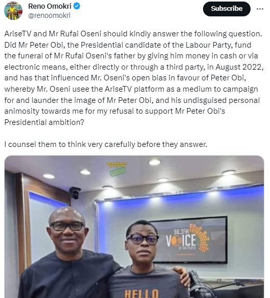 Peter Obi debunks claims he sponsored the burial of Arise TV anchor
