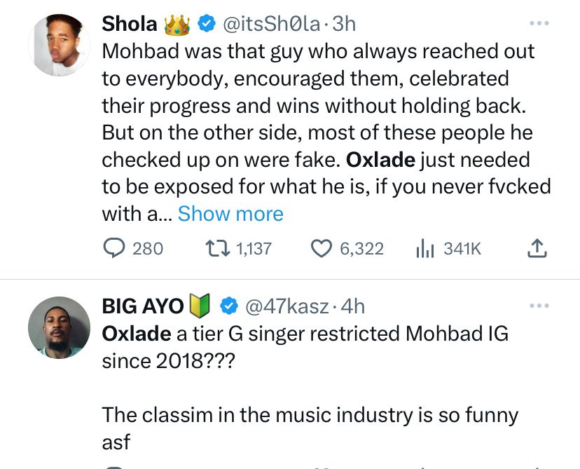 Nigerians drag singer Oxlade for ?restricting? Mohbad on IG as he pays tribute to the late singer