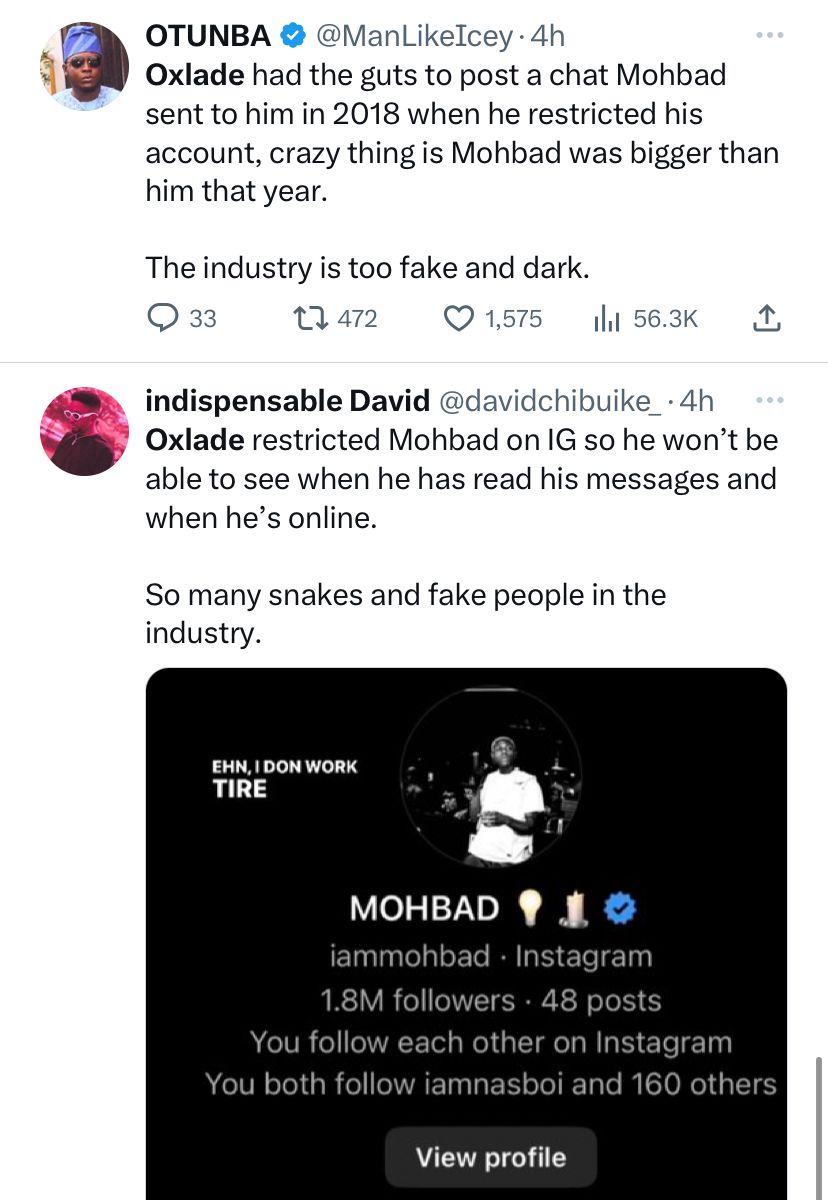 Nigerians drag singer Oxlade for ?restricting? Mohbad on IG as he pays tribute to the late singer