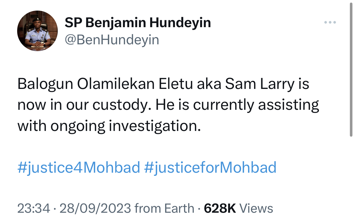 Mohbad: SamLarry now in our custody-Police