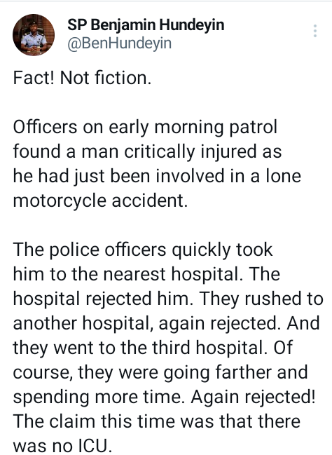 Four hospitals rejected accident victim brought by police officers -  Lagos Police PPRO