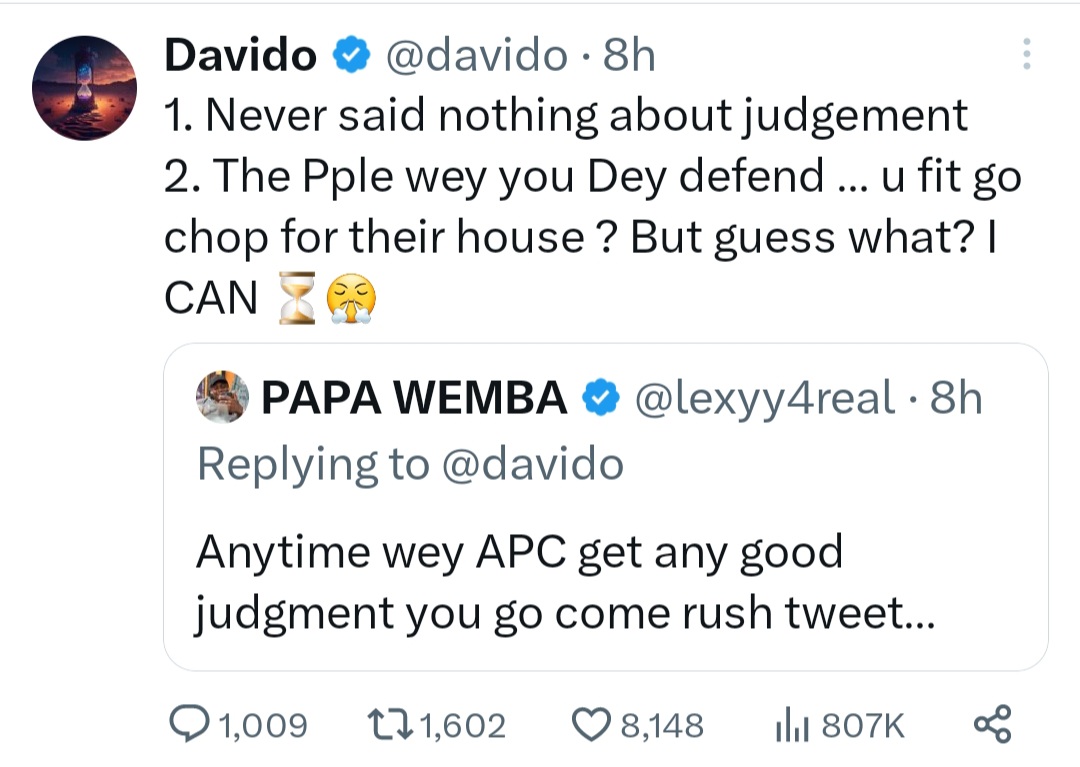 Davido slams APC supporters who called him out for his tweet