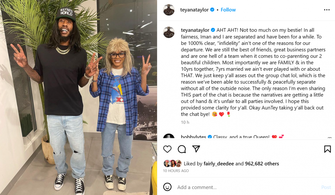 Actress and singer, Teyana Taylor announces separation from Iman Shumpert