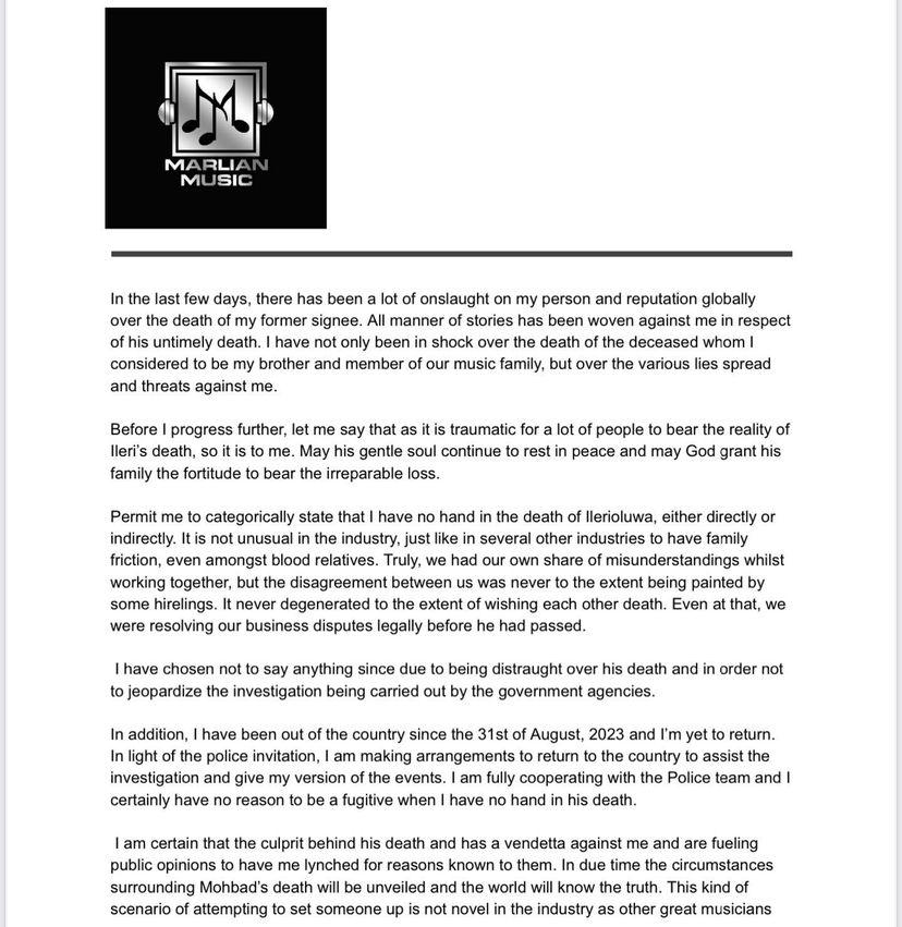 I have no hand in the d�ath of Mohbad, either directly or indirectly- singer Naira Marley says in fresh statement; addresses claims he is a drug lord