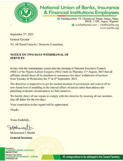 Nigerian bank employees to join NLC?s two-day strike action