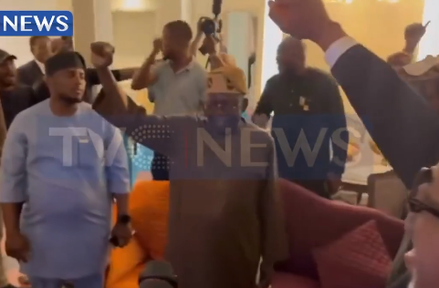 President Tinubu and his associates celebrate his victory at the Presidential Election Petition Court (video)
