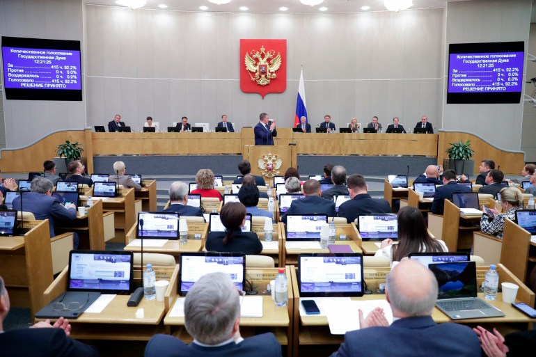 The Russian Duma after voting to revoke the ratification of the global treaty banning nuclear weapons testing