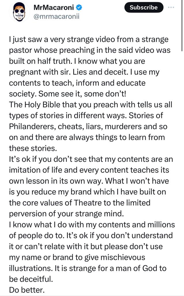 I sincerely apologize but e nor go better for all of una- Mr Macaroni slams Christian Twitter users offended by his post calling out a clergyman
