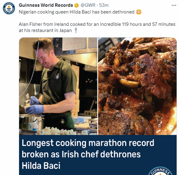Hilda Baci dethroned as Irish Chef becomes new Guinness World Record holder for the longest cooking marathon by an Individual