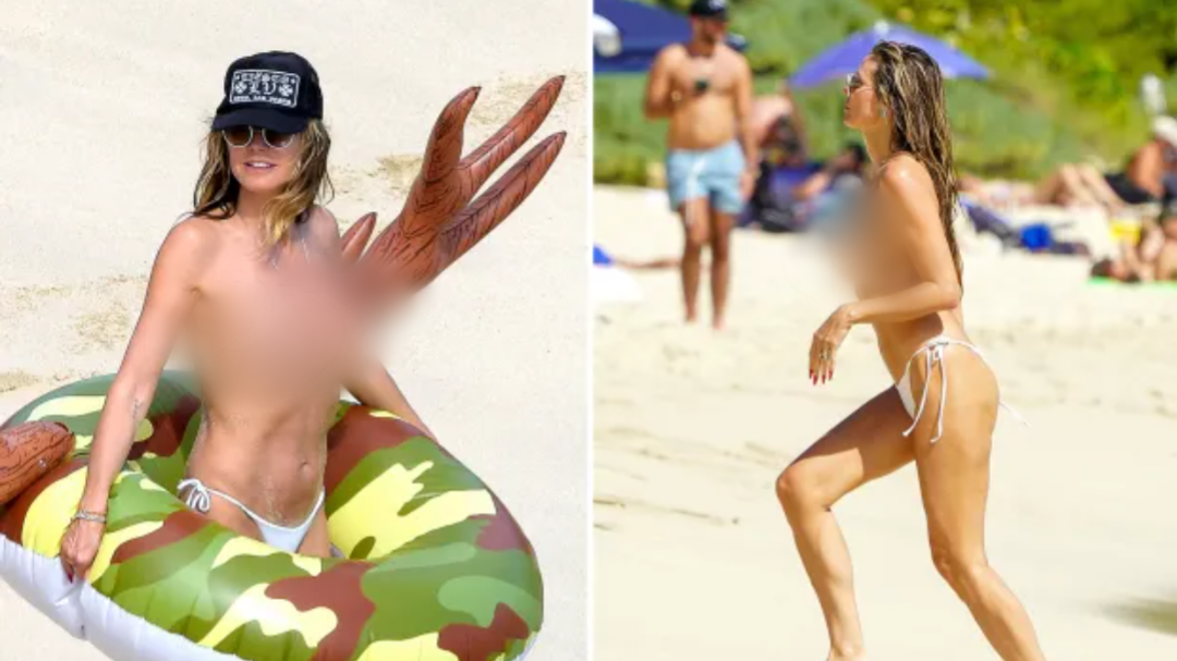 50-year-old Heidi Klum goes topless in just bikini as she makes out with husband on the beach (photos)