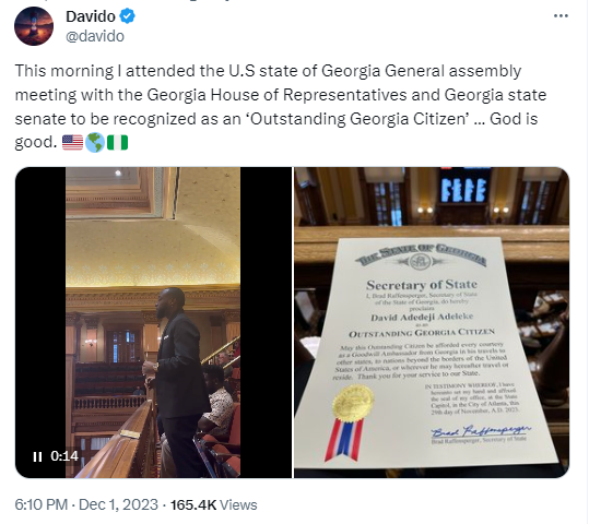 U.S state of Georgia General Assembly honours Davido as 